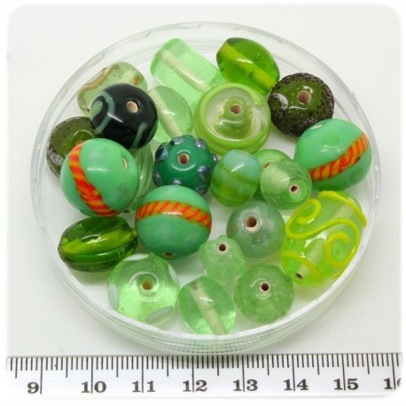 125 G - PERLINE VETRO VERDE LAMPWORK MIX 10/30 MM - PERLE INDIANE COLORATE