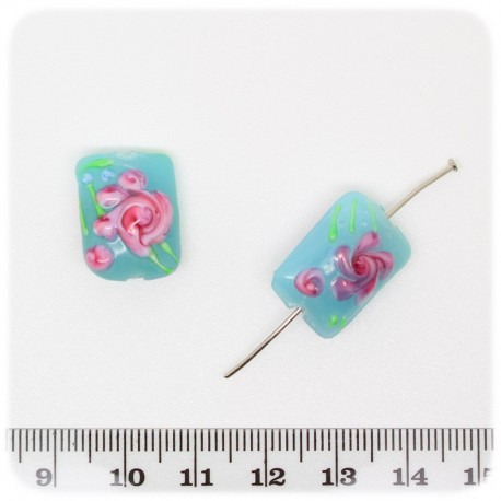 5 PZ - PERLE RETTANGOLO AZZURRO LAMPWORK - PERLINE VETRO LUME FIORI 18x14 MM