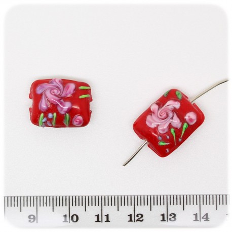 5 PZ - PERLE RETTANGOLO ROSSO LAMPWORK - PERLINE VETRO LUME FIORI 18x14 MM