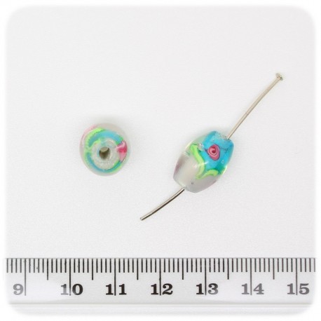 5 PZ - PERLE OVALI BLU LAMPWORK - PERLINE VETRO LUME FIORI 14x10 MM