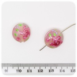 5 PZ - PERLE DISCO ROSA LAMPWORK - PERLINE VETRO LUME FIORI 18x10 MM