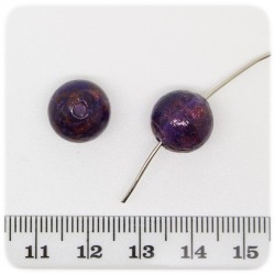 5 PZ - PERLE LAMPWORK VIOLA - PERLINE TONDE VETRO SABBIA ORO 12 MM