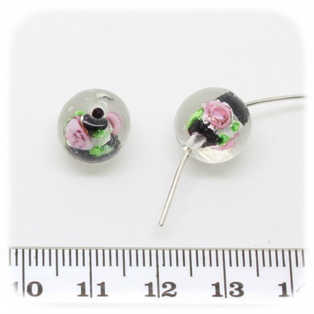 12 PZ - PERLINE VETRO TONDE FOIL FIORI 12 MM - NERO