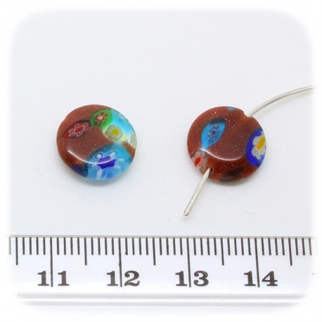 15 PZ - PERLINE VETRO TONDE DISCO GOLDSAND MILLEFIORI 12 MM - MARRONE